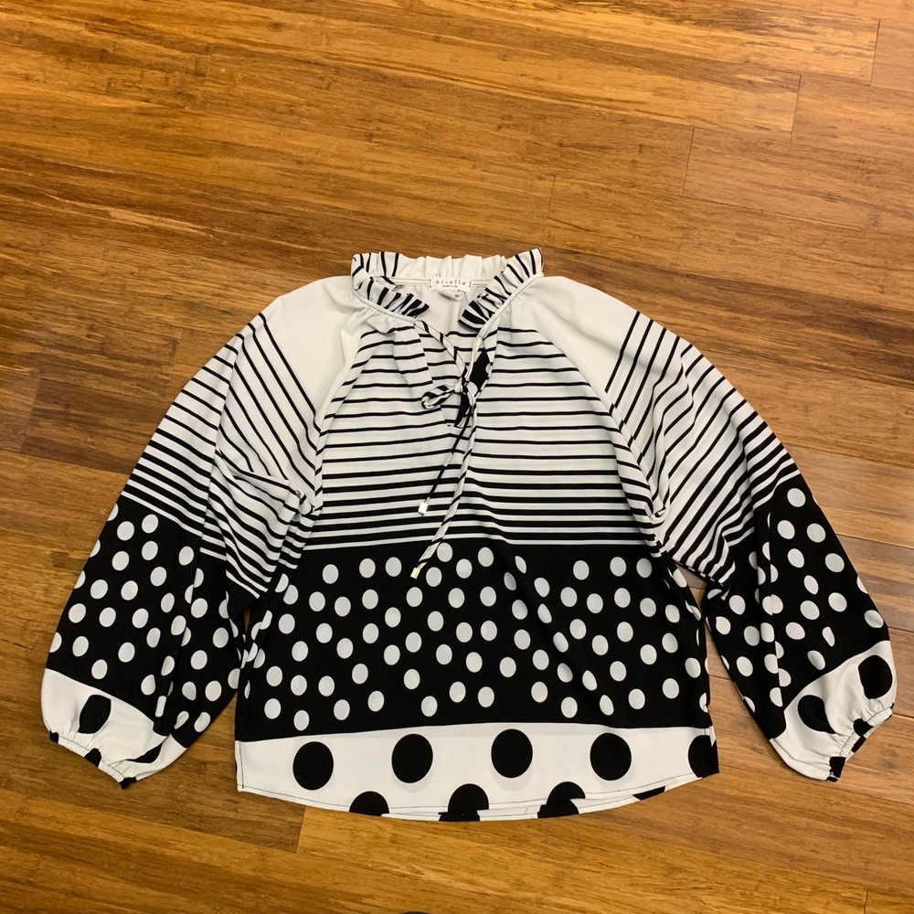 Ariella Black White Striped Polka Dot Blouse Womens Size‎ Medium Tie Neck Top